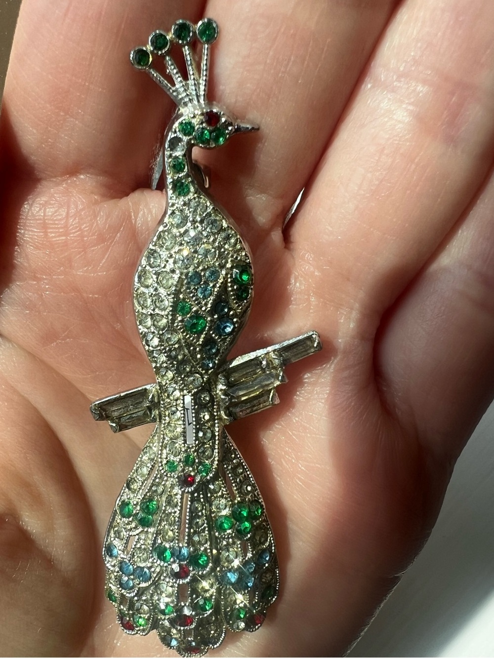 Vintage Rhinestone Peacock Brooch Multicolor Art Deco Style 3”